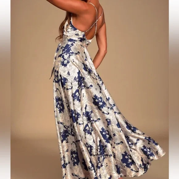 Tea Gardens Navy Blue Floral Print Satin Lulus Maxi Dres - Picture 4 of 6